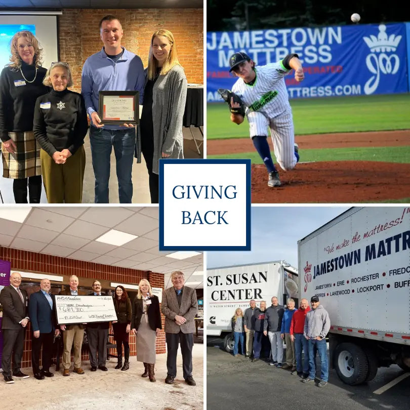 Giving back collage: Jamestown's community involvement, from baseball games to hospital donations.