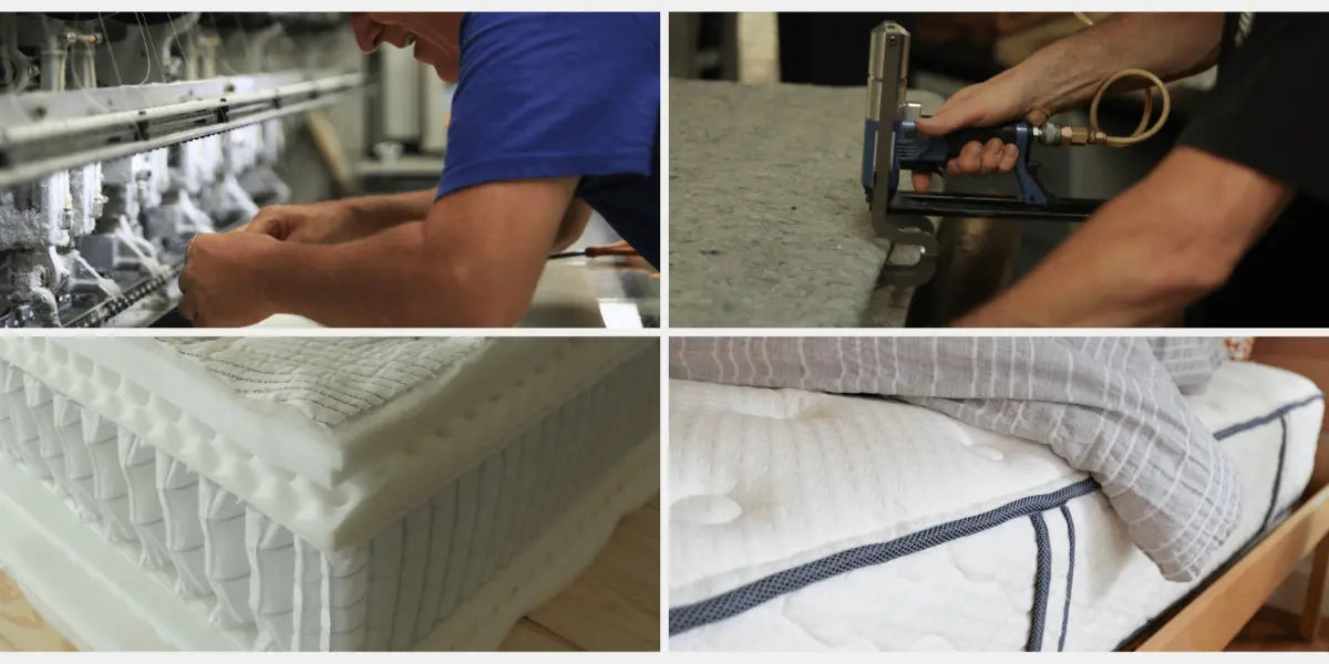 Collage featuring Jamestown Mattress craftsmanship: Needle threading on quilting machine, insulator attachment with airtool, cross-section of mattress layers, and a finished mattress with handles.