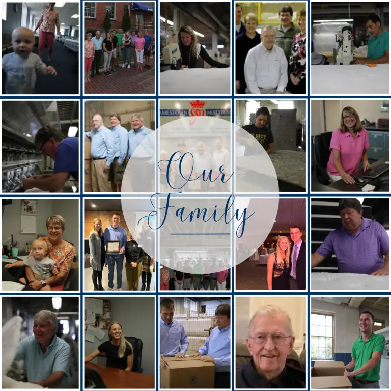Collage of the Pullan family's legacy at Jamestown Mattress: Inside the factory, at award events, family moments, with 'Our Family' in cursive at the center.