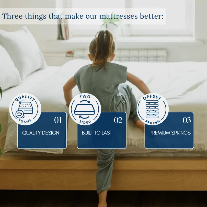 Girl climbing into her new mattress, highlighting quality foams and two-sided design.