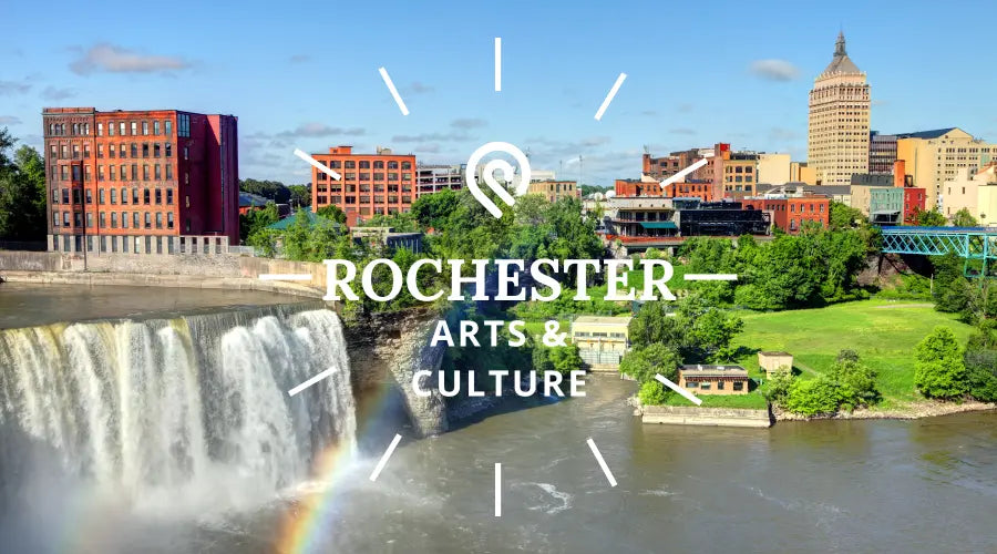 High Falls, a 96-foot waterfall in downtown Rochester with a rainbow, captioned 'Rochester Arts & Culture'.