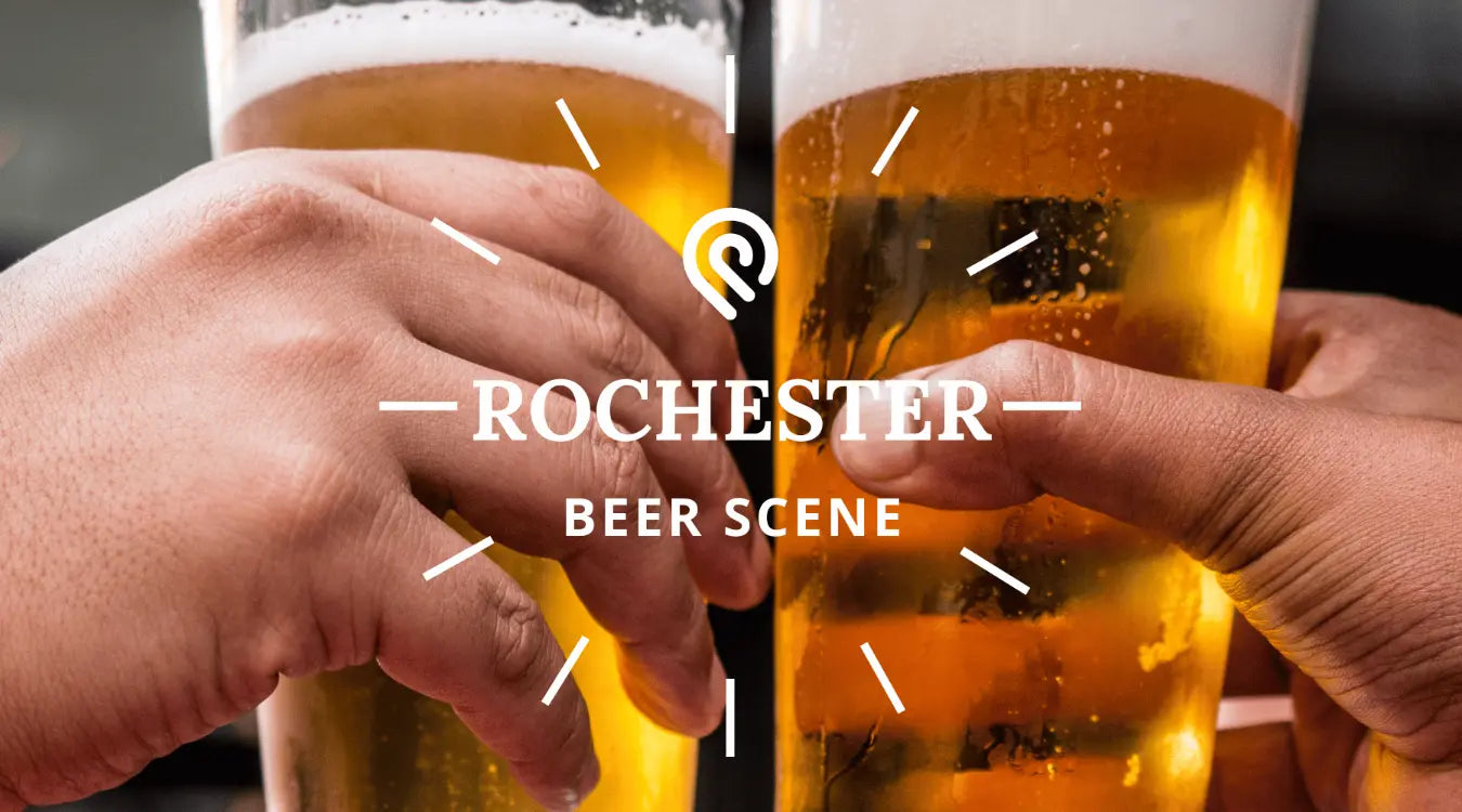 Hands toasting with beer, symbolizing the 'Rochester beer scene'.