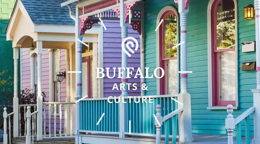 Colorful houses in Buffalo's Allentown, noted for nightlife and shopping, with 'Buffalo Arts and Culture' caption.