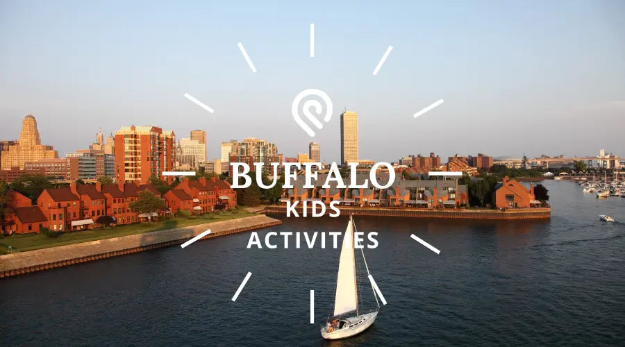 Sailboat on the water with Buffalo city skyline in the background, 'Buffalo Kids Activities' overlay.