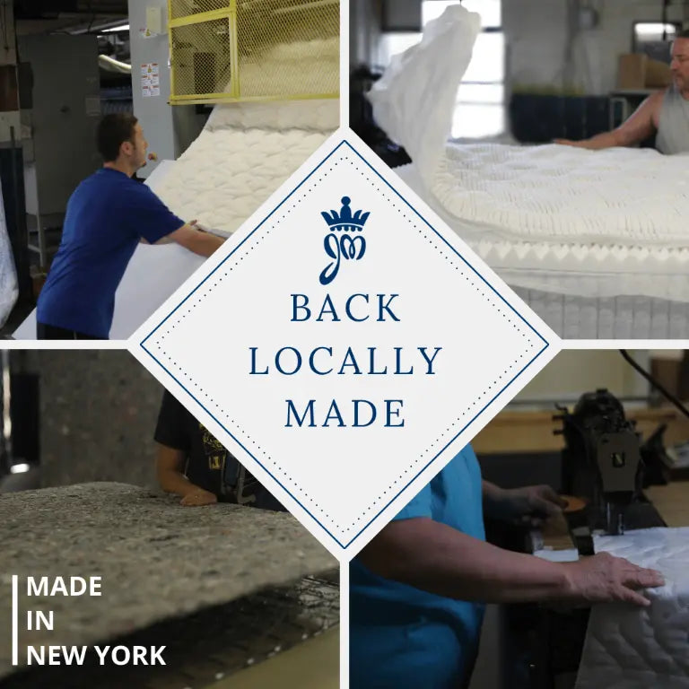 Collage of Jamestown Mattress factory activities: Quilter operation, mattress upholstering, hog ringing, and sewing, centered by 'Back Locally Made and Made in New York' message.
