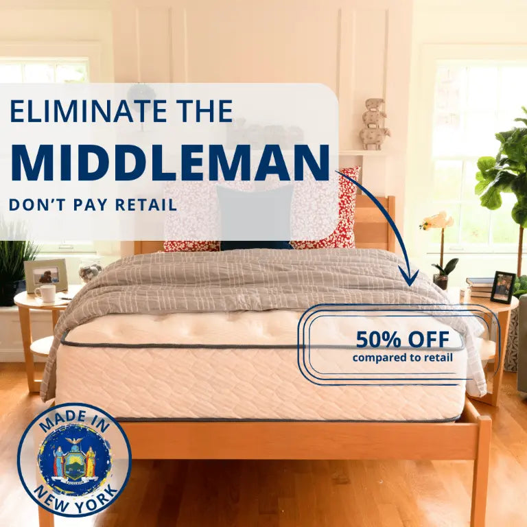 Cut retail costs, 50% off: Mattress in elegant bedroom with hardwood floor and decor.