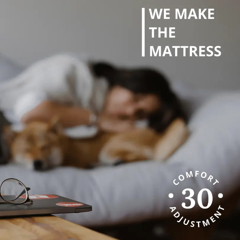 Woman in bed with dog, 'We make the mattress' and '30-day comfort adjustment' logo.