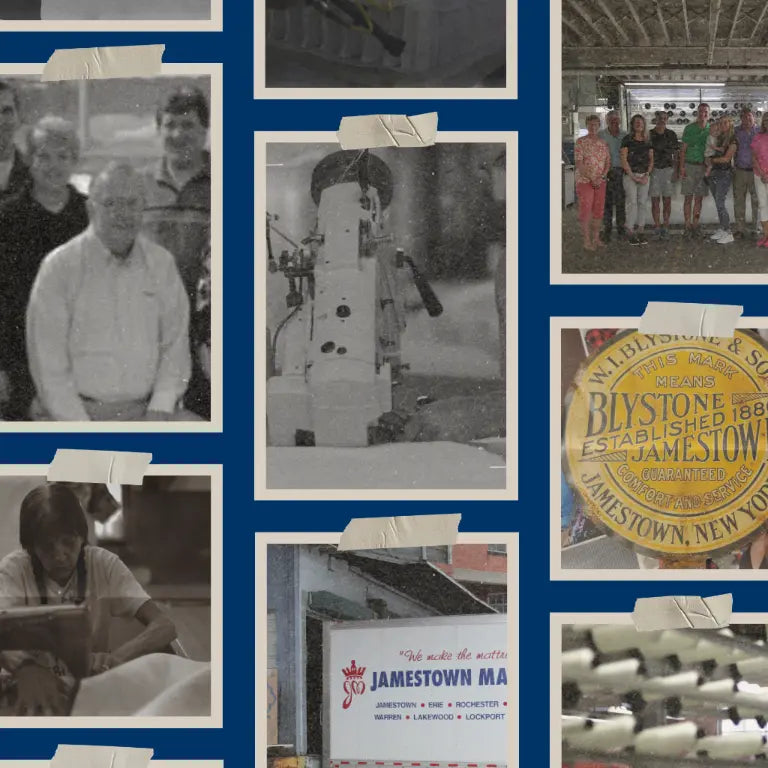 Jamestown Mattress history collage: Pullan Family, vintage factory and truck photos.