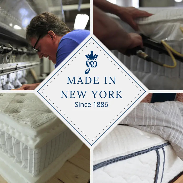 Collage: Jamestown mattress-making, NY factory, 'Made in New York since 1886' emblem.
