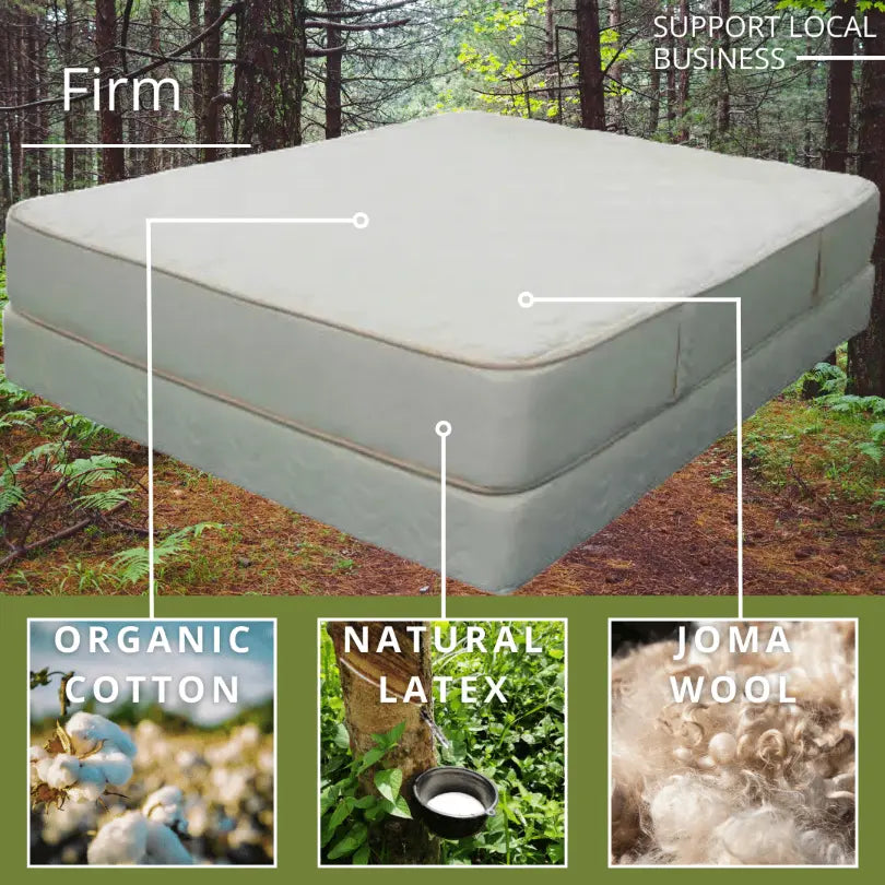 Nature’s Cloud Firm Mattress, forest background, emphasizing natural latex, organic cotton, and wool.