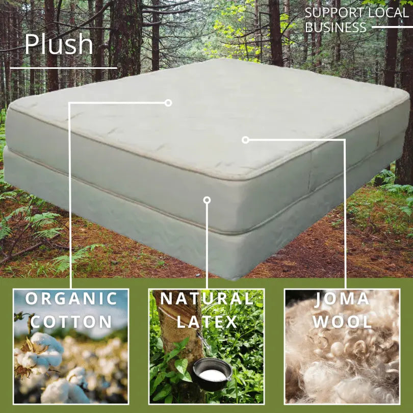 Nature’s Cloud Plush Mattress set against a forest backdrop, showcasing organic and natural materials.