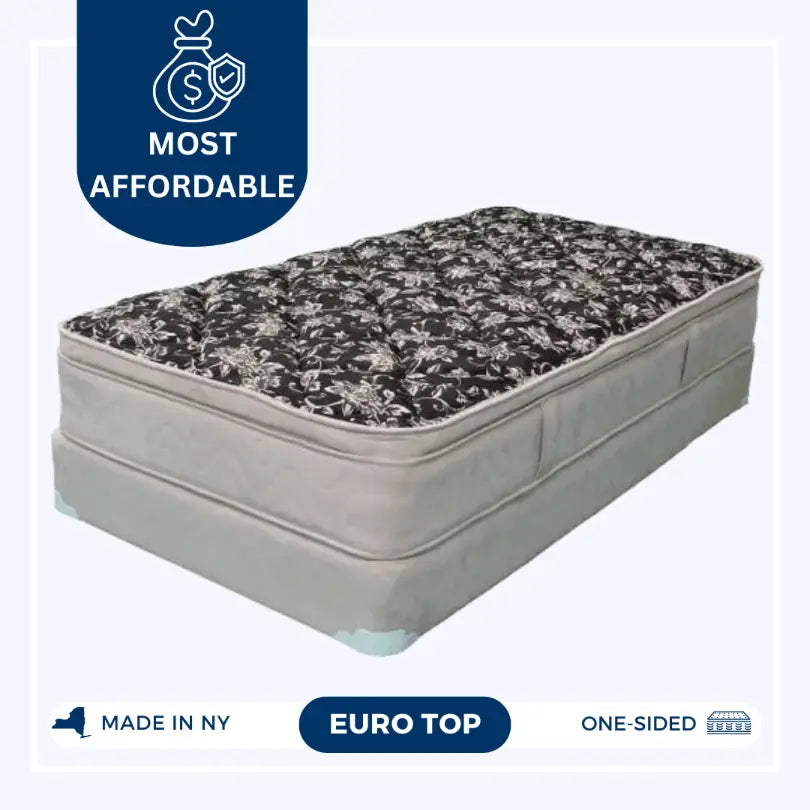 Posturize Euro Top mattress against a light backdrop, featuring &#39;Most Affordable&#39; emblem, &#39;Made in NY&#39; with New York state icon, and one-sided mattress indicator.