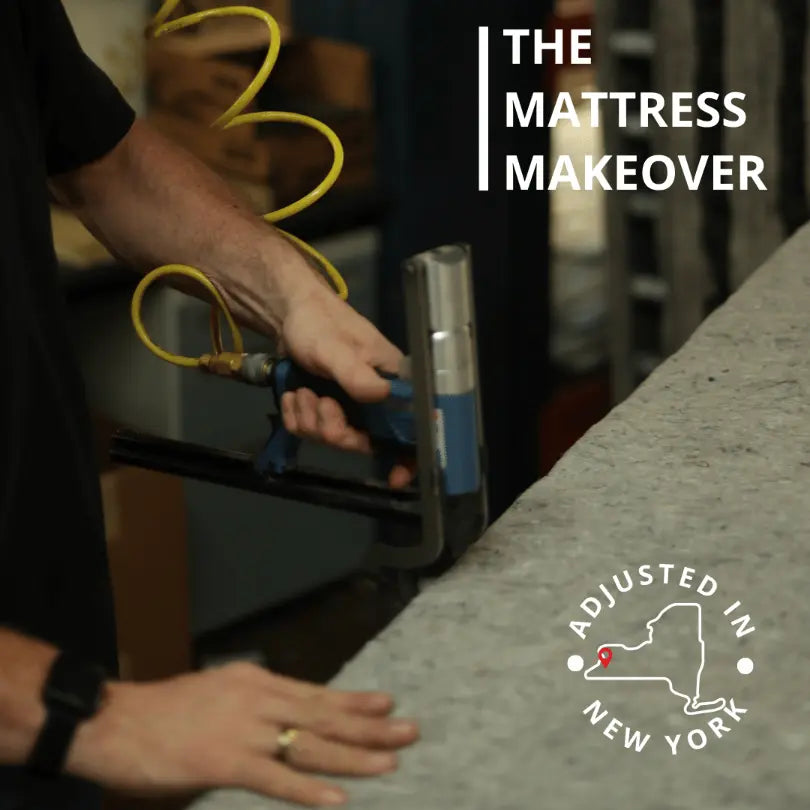 Mattress makeover by Jamestown, 'Adjusted in New York' logo, showcasing customization.