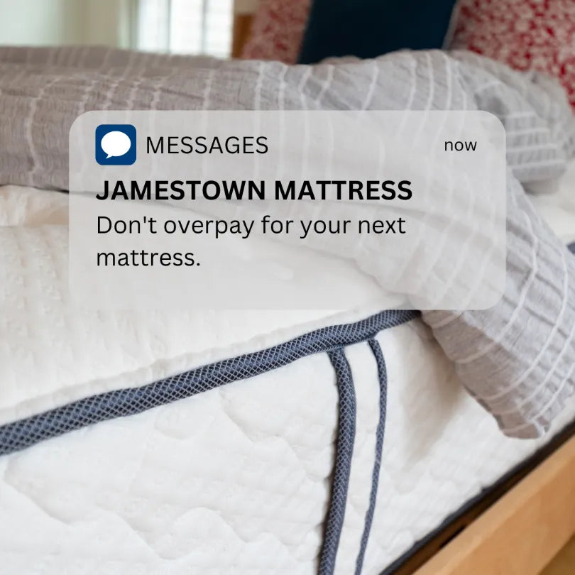 Close-up of a mattress with handles and a text message emphasizing value and savings.