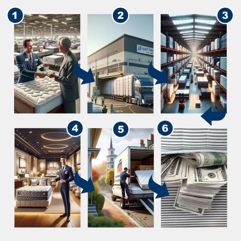 6-step mattress sales markup infographic, from factory to final sale, showcasing direct savings.